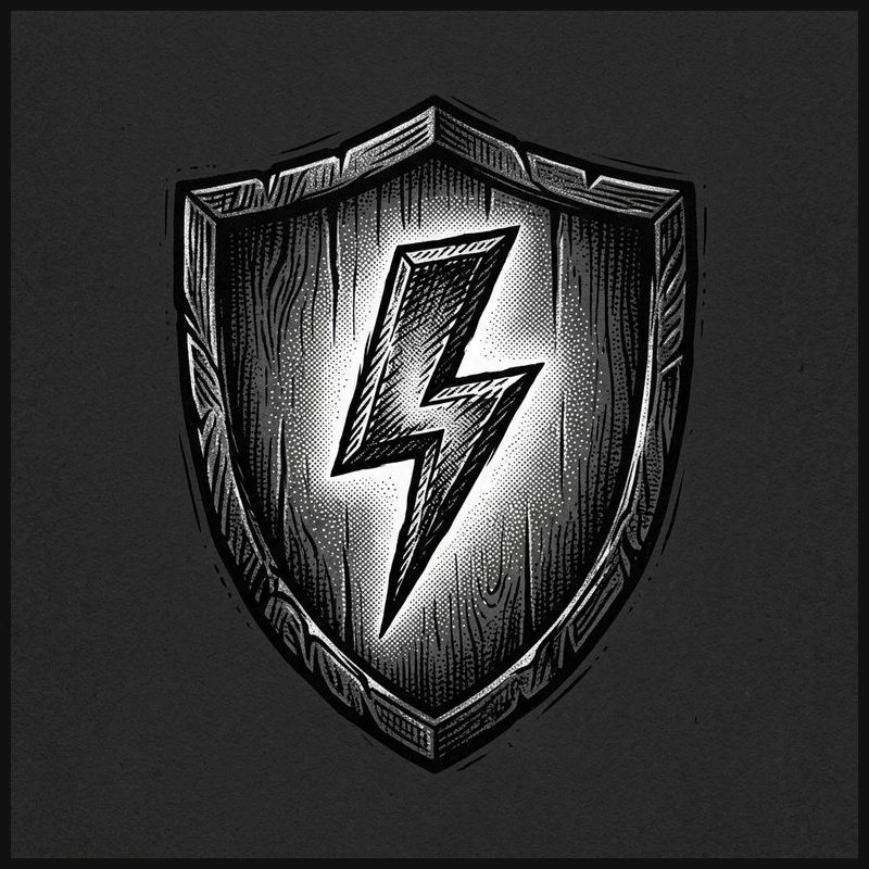 Stippled woodcut verification shield with lightning bolt for ad conversion analytics