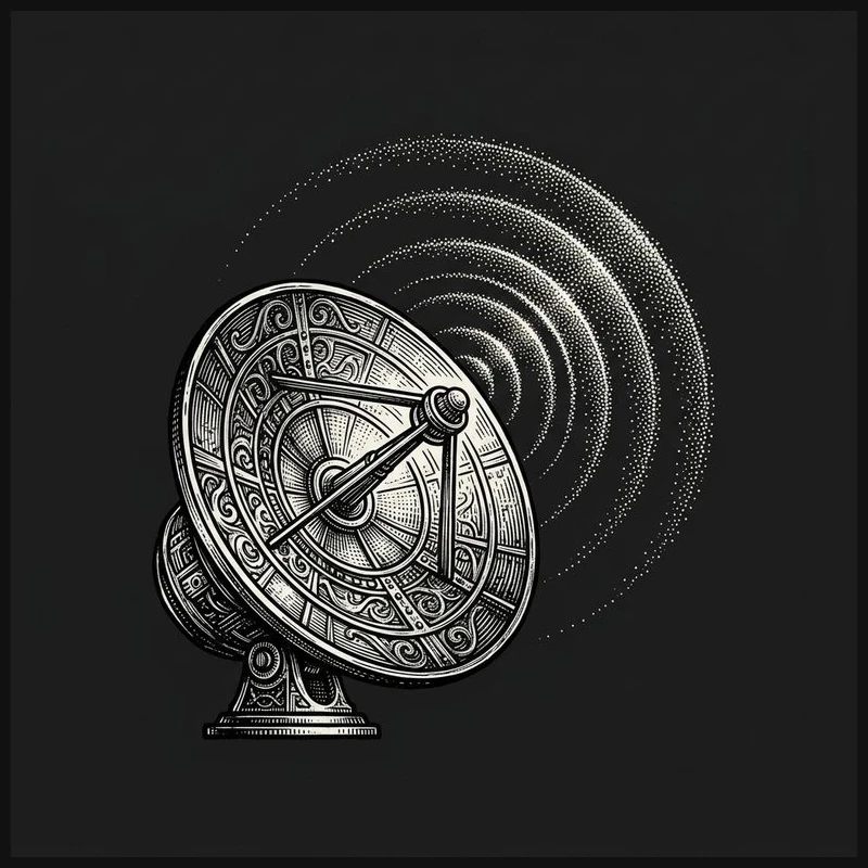 Stippled woodcut metallic radar dish emitting waves for niche targeting analytics