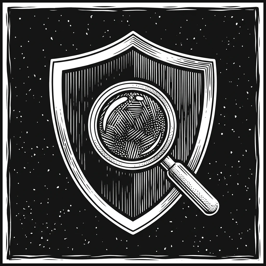 Stippled woodcut vetting shield showing account security diagnostics