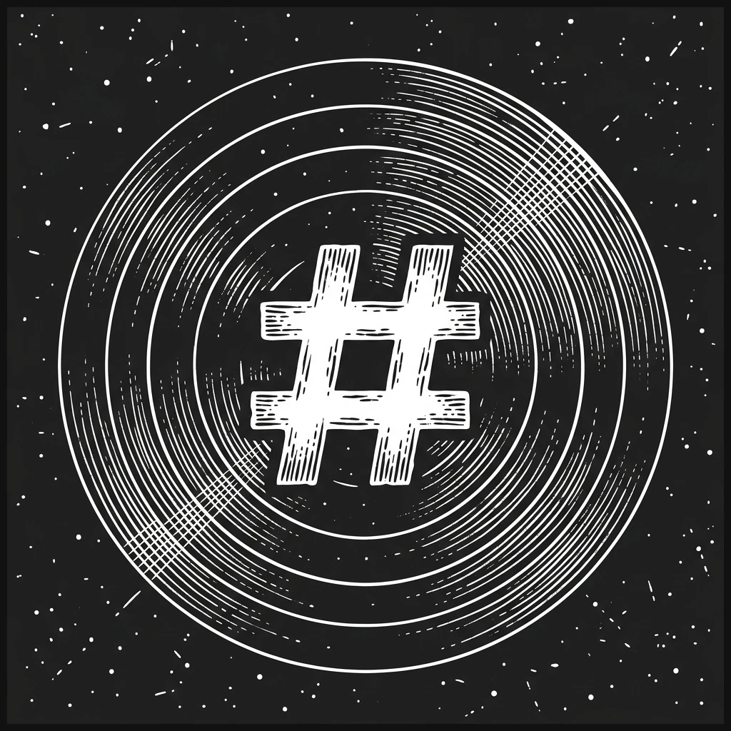 Stippled woodcut hashtag and radar waves showing tag optimization