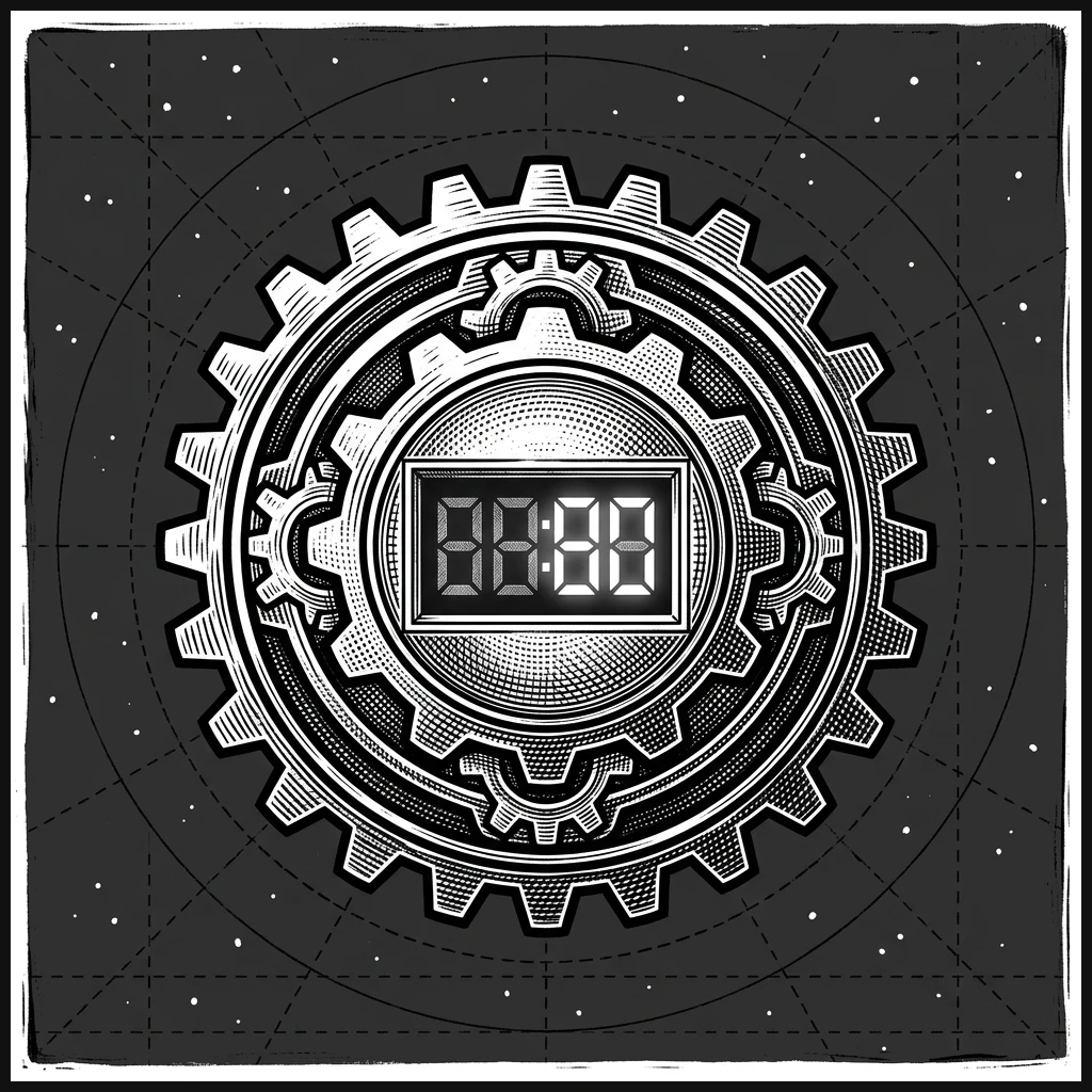 Stippled woodcut clock showing growth spikes and history tracking