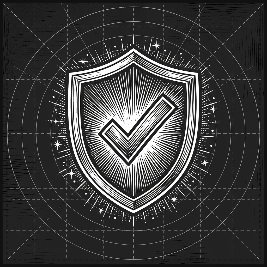 Stippled woodcut vetting shield representing profile auditing and metrics validation