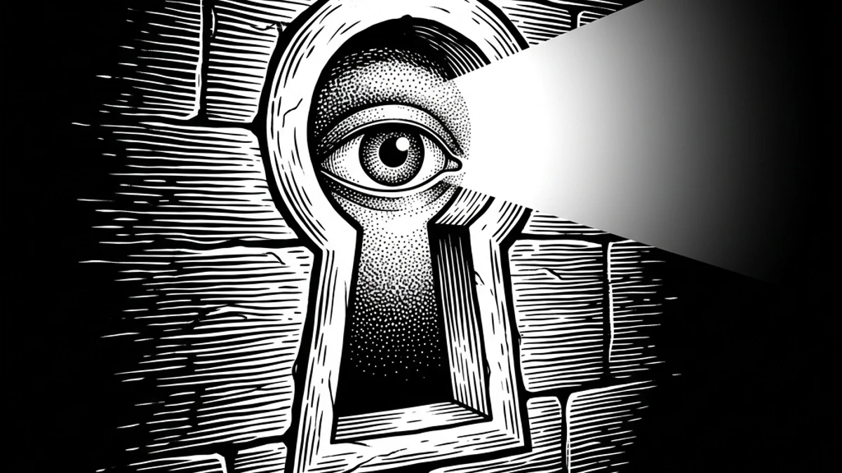 Stippled human eye looking through a stone keyhole