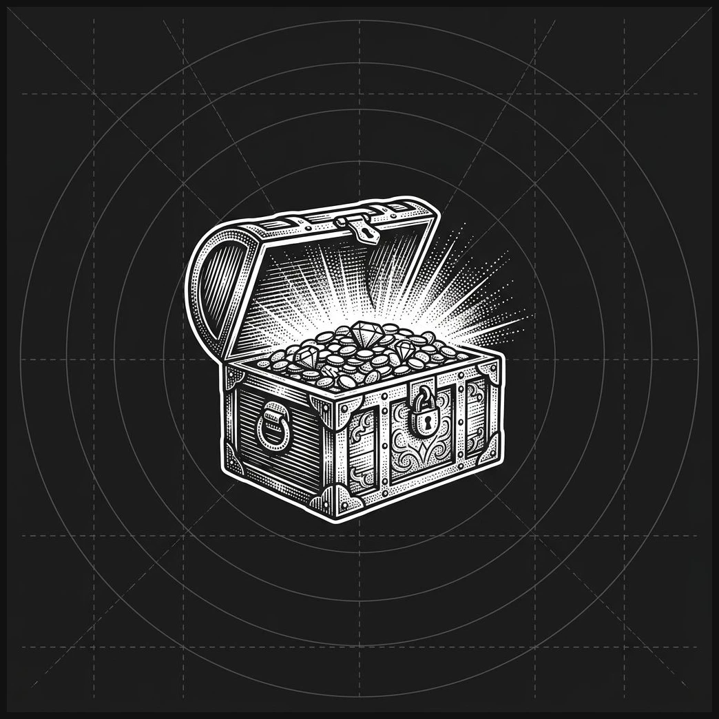 A detailed stippled woodcut engraving of a glowing treasure chest overflowing with coins and gemstones
