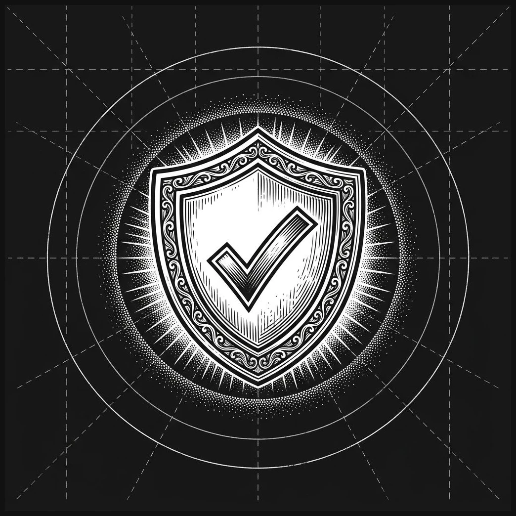 A detailed stippled woodcut engraving of a radiant verification shield with a checkmark