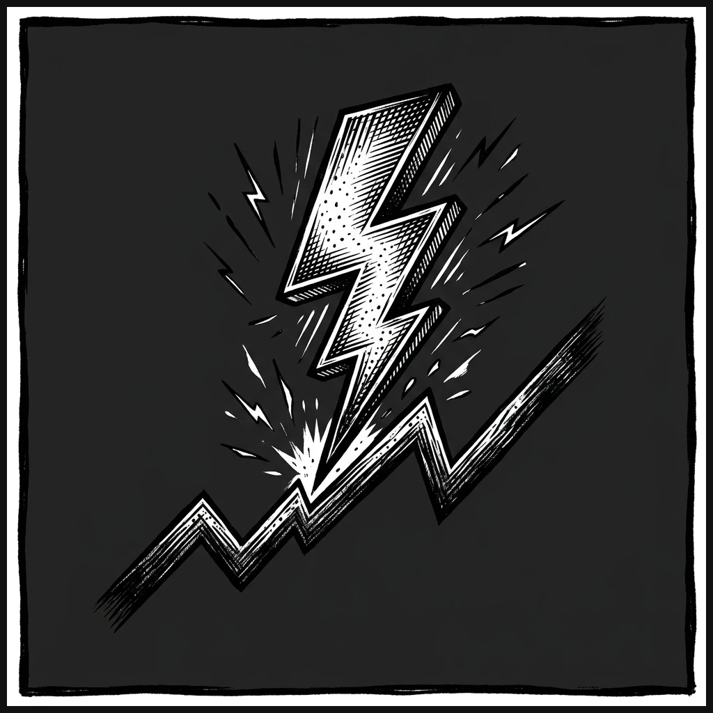 Purely monochromatic stippled woodcut engraving showing a single bold lightning bolt striking a jagged line graph floating in the center of the canvas