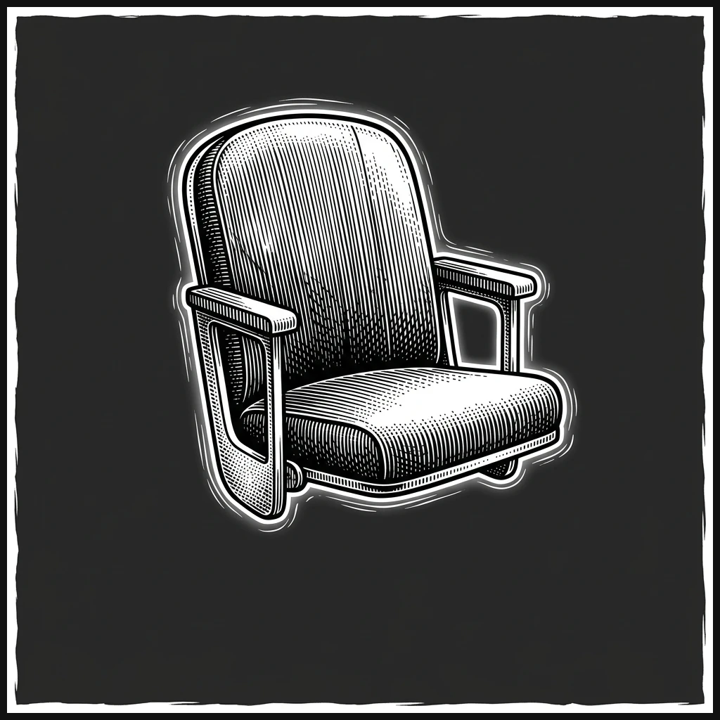 Purely monochromatic stippled woodcut engraving showing a single empty classic stadium chair floating in the center of a dark grid canvas
