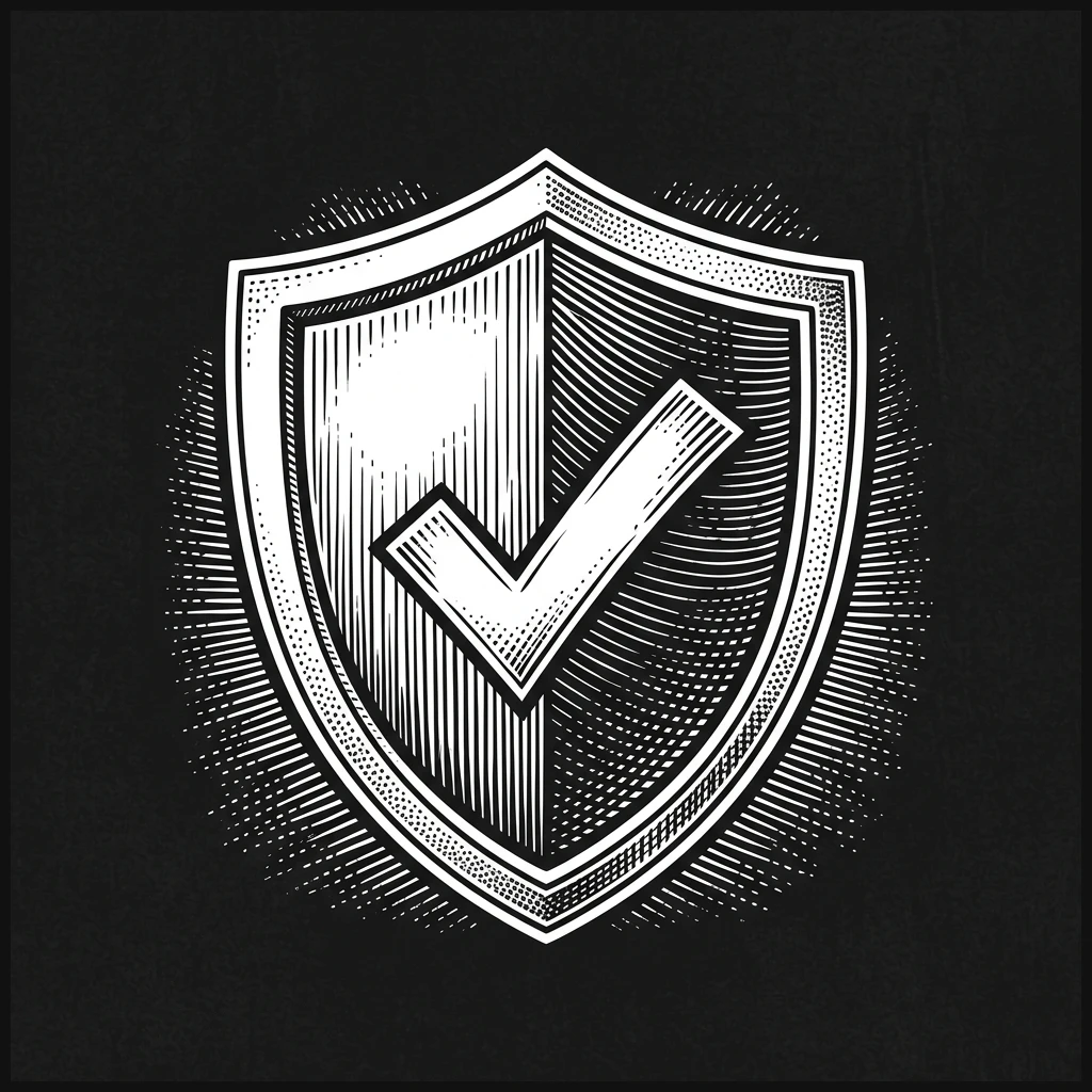 Purely monochromatic stippled woodcut engraving showing a single clean verification check mark shield floating in the center of a grid canvas