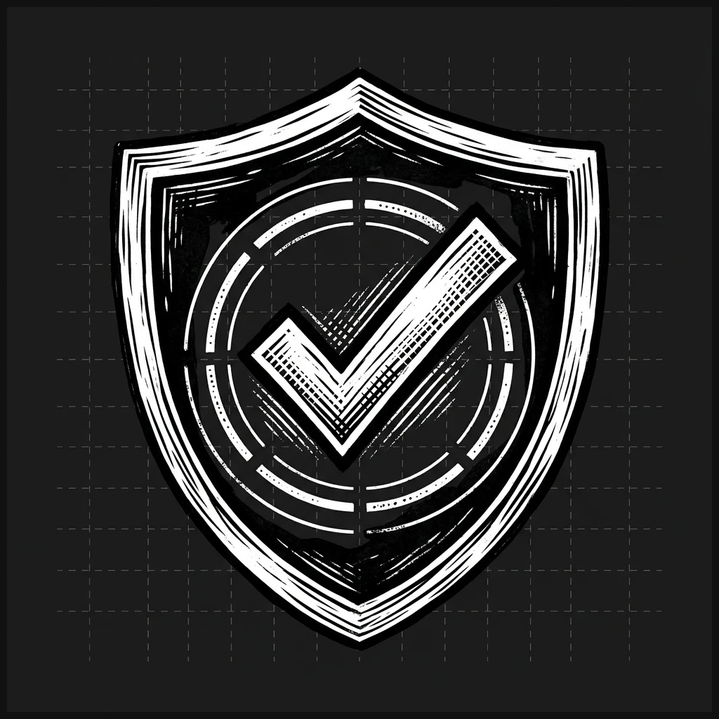 Stippled woodcut vetting check shield representing account diagnostics and security audits