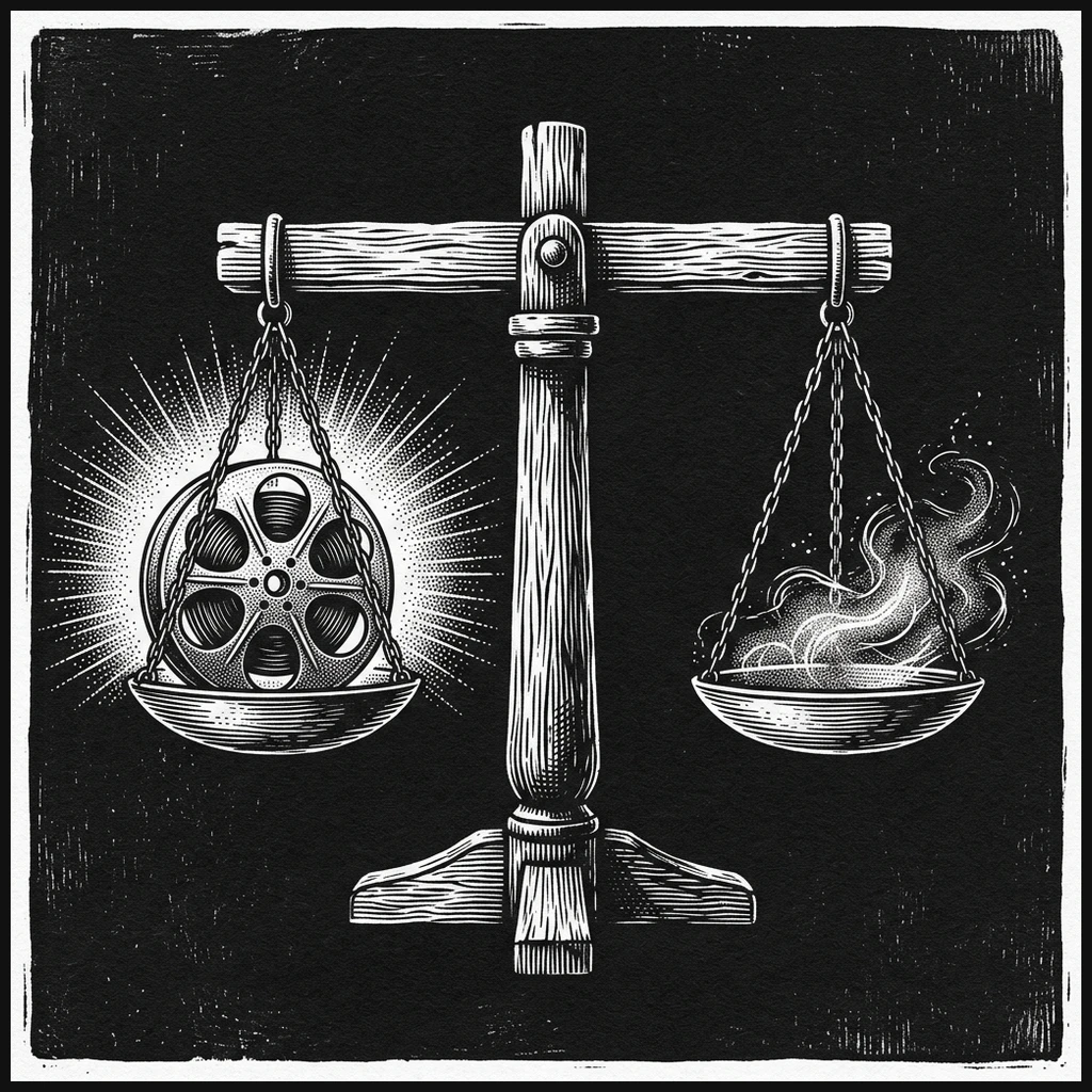 Wordless stippled woodcut vector balance scale representing verified organic action vs artificial metric inflation