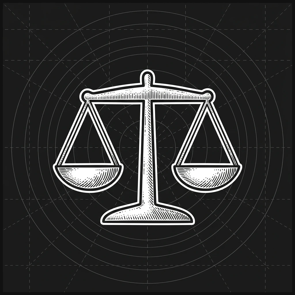 Wordless stippled woodcut vector balance scale representing verified organic action vs artificial metric inflation