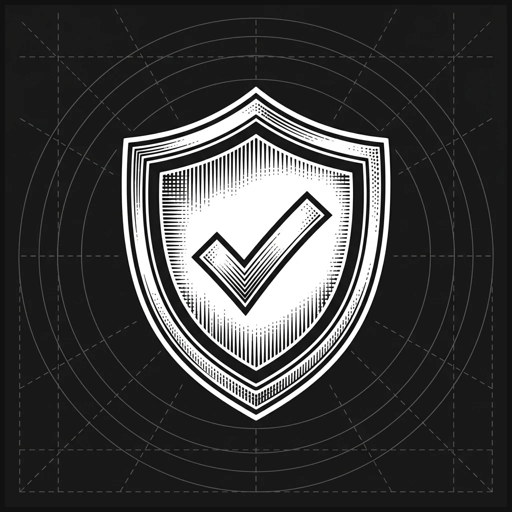 Wordless minimalist vector check shield representing completed verification and brand capital safety