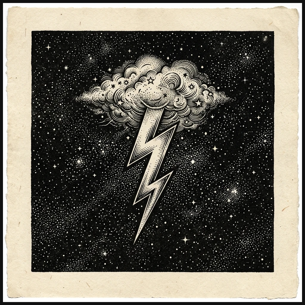 Stippled woodcut lightning bolt representing sudden reach and impressions growth spikes