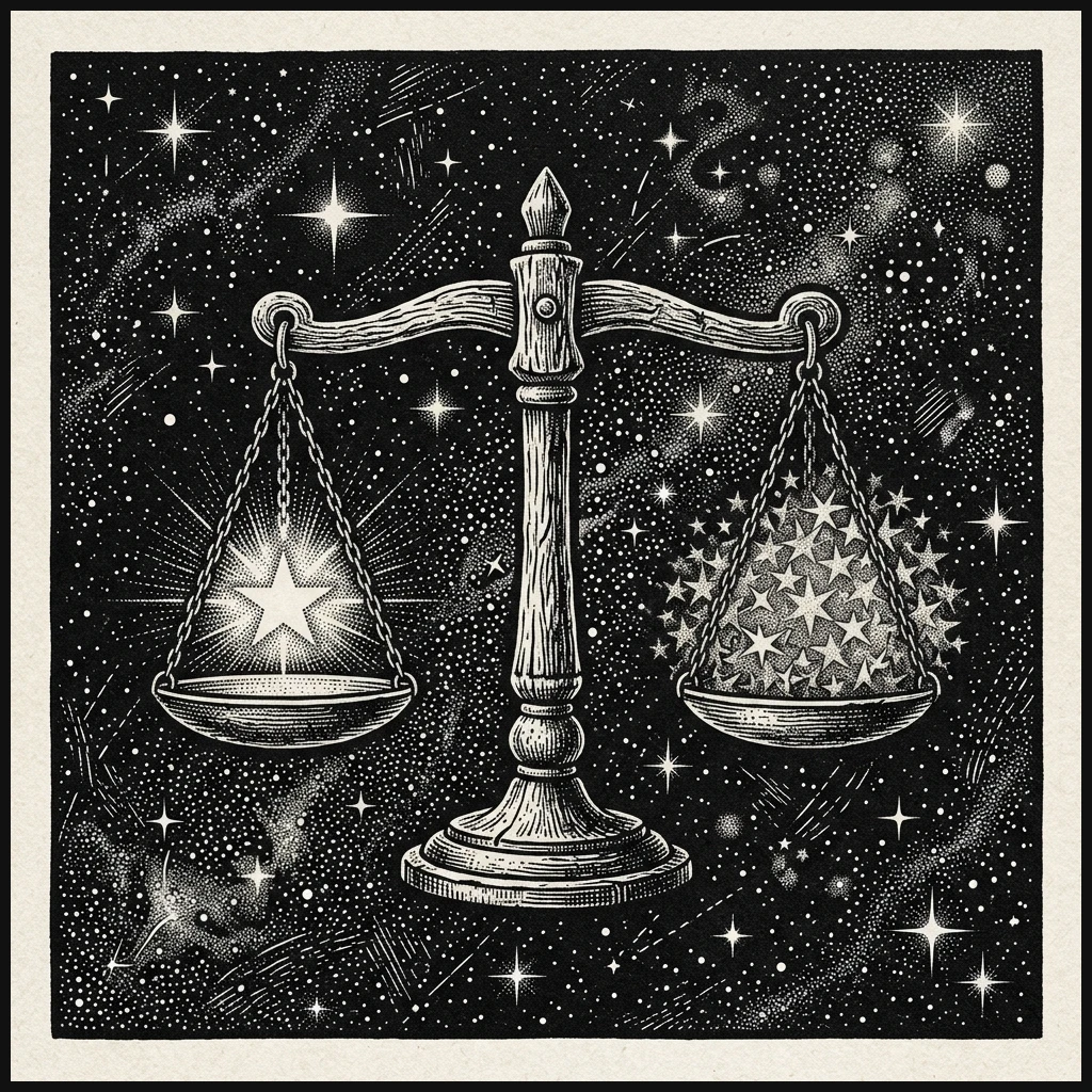 Stippled woodcut balance scale comparing unique reach to total impressions