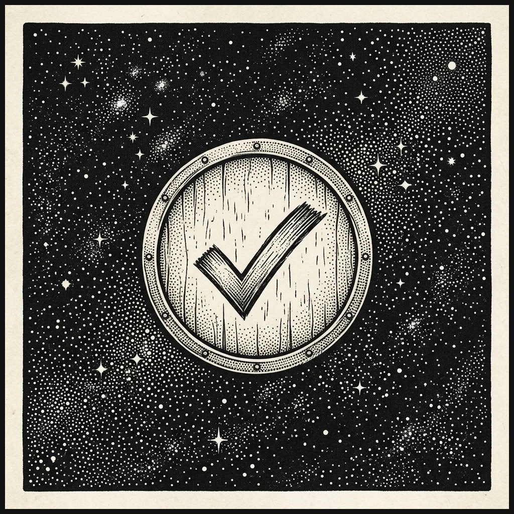Stippled woodcut vetting shield showing verified trust and conversion flow