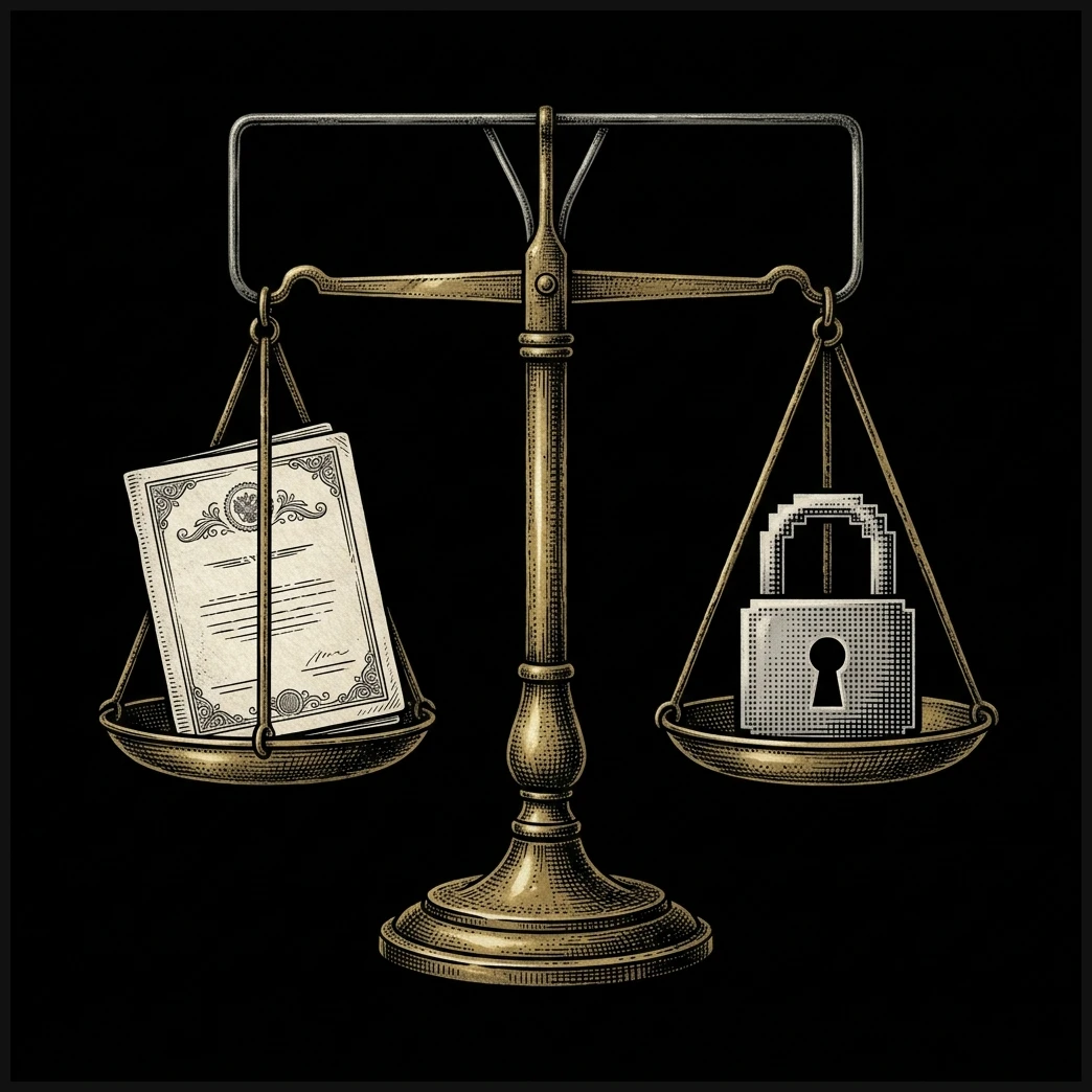 Stippled woodcut engraving of a brass balance scale weighing identity proof against a digital padlock