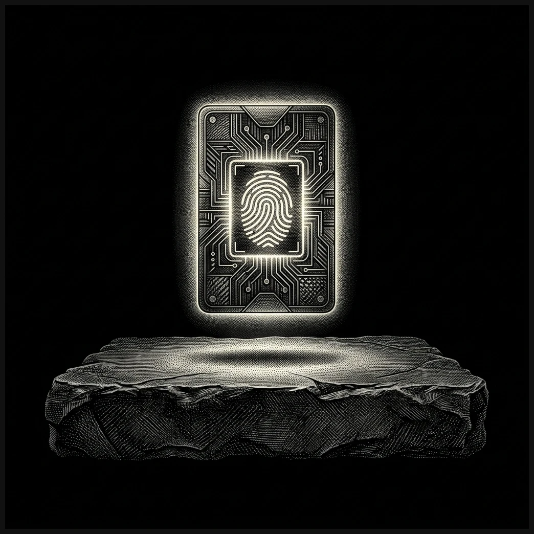 Stippled woodcut engraving of a glowing biometric keycard floating above a dark platform