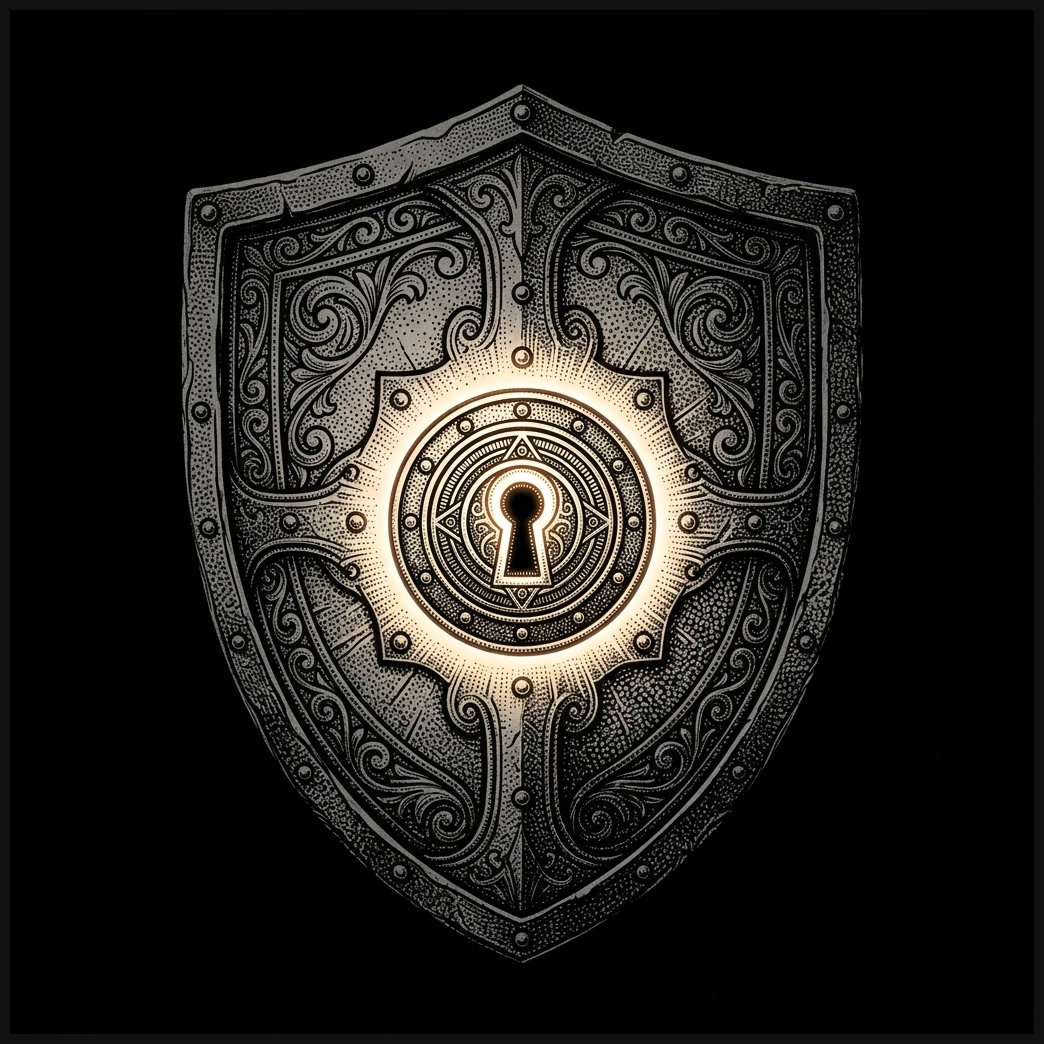 Stippled woodcut engraving of an illuminated shield with a security keyhole