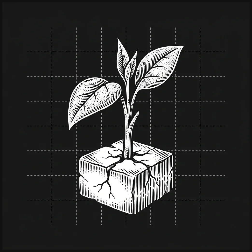 Woodcut engraving of a plant sprout representing audience growth and monetization potential